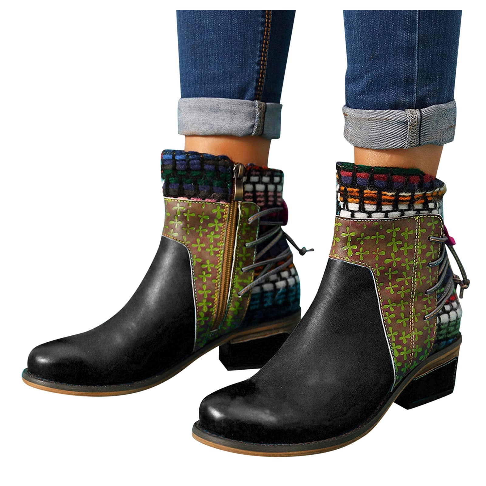 Summer Saving Clearance AXXD Women's Vintage Splicing Round Toe Square Heel Boots Thick Heel Short Shoes Fall Boots for Women 2024 Clearance Black Size 37(US:6)