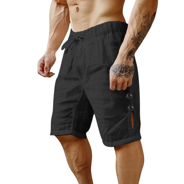 pstuiky Hombres bajos, Pantalones cortos de lino para hombre con bolsillos, cordón ajustable, cintura elástica, cómodos, transpirables, informales, para uso diario, de color liso.