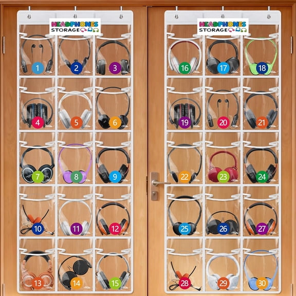 2 Pack Classroom Headphone Storage Organizer with 30 Pockets, PVC Clear Classroom Pocket Chart for Headphone Cell Phone Over-the-Door Hanging Headphone Holder Bag with 62 Labels(White)