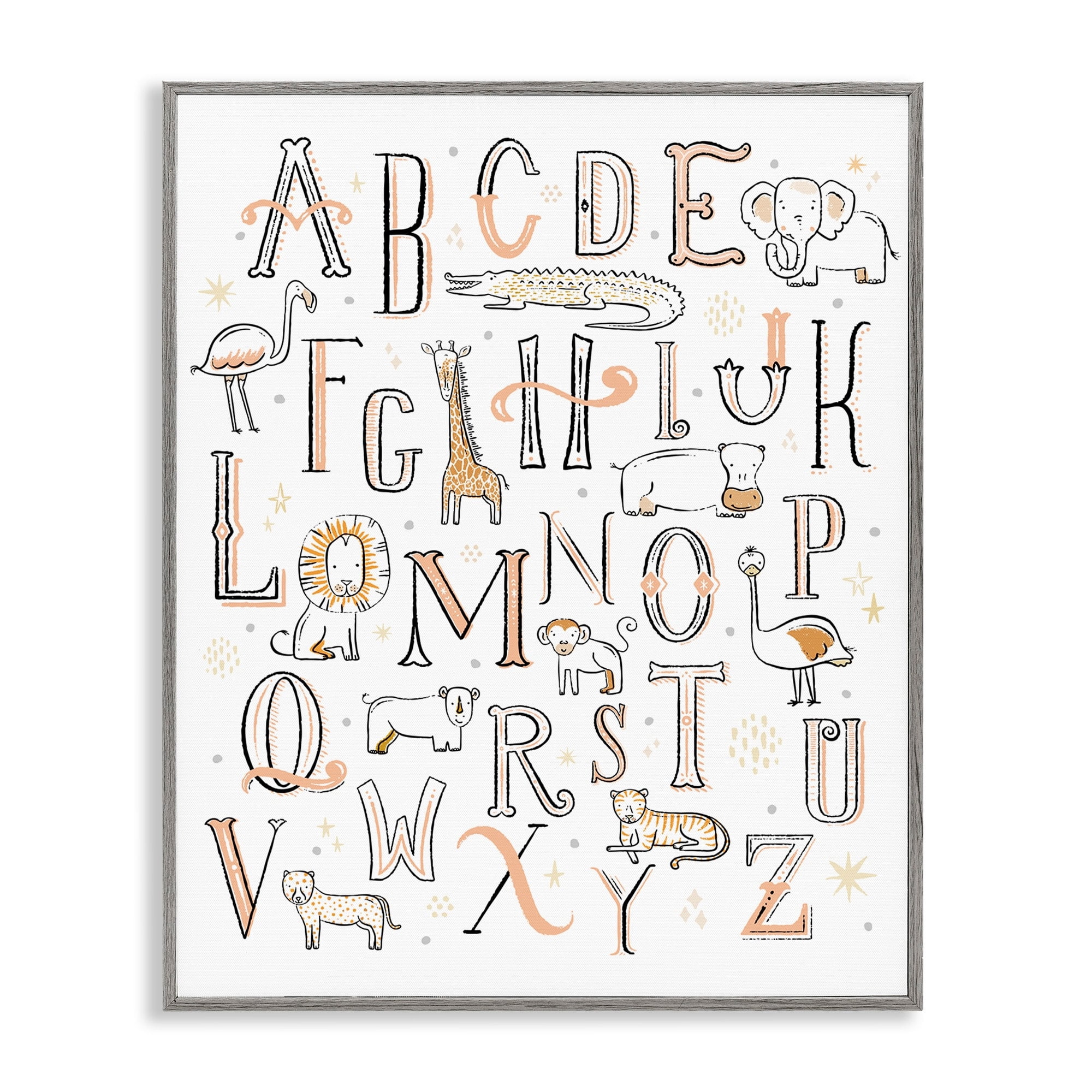Stupell Industries Nursery Animal Alphabet Chart Soft Orange White Animals & Insects Painting Gray Framed Art Print Wall Art, 16 x 20