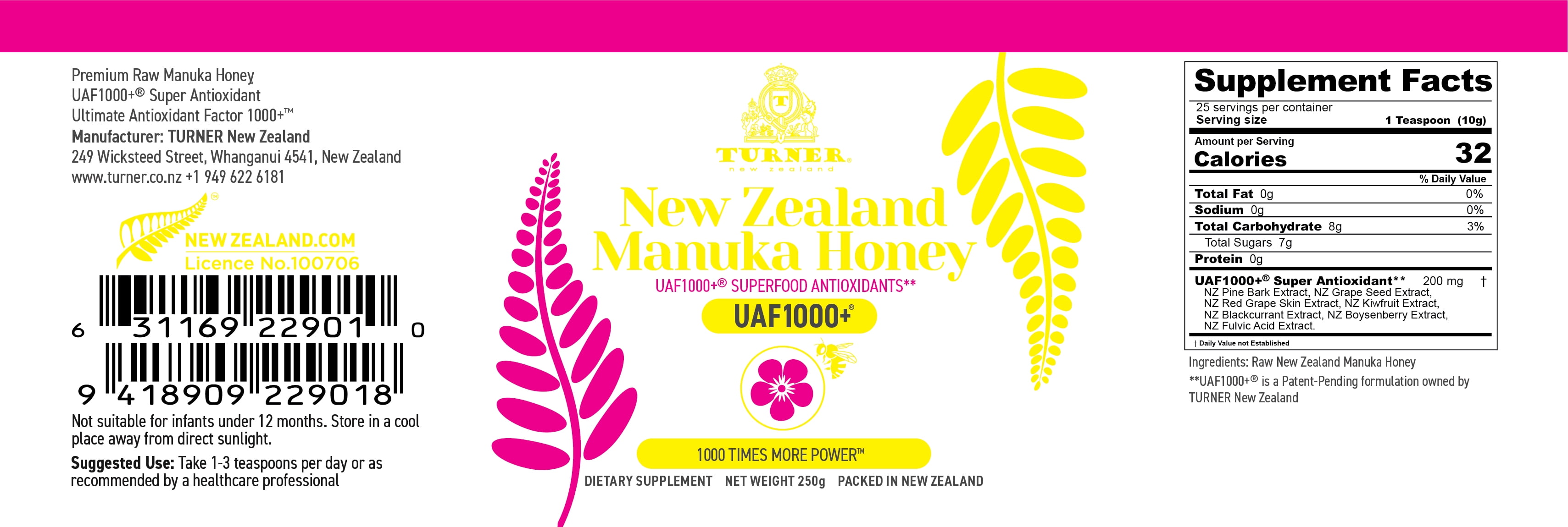 Turner New Zealand Manuka Honey, 1000x Power, Certified with UAF1000+ Antioxidants, Improves Digestion & Immune Support, 5 Jars