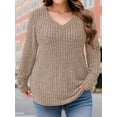 thumbnail image 2 of FlorCurve Plus Size Sweaters for Women V Neck Long Sleeve Pullover Sweaters Casual Solid Tunic Tops, Khaki 3XL, 2 of 6