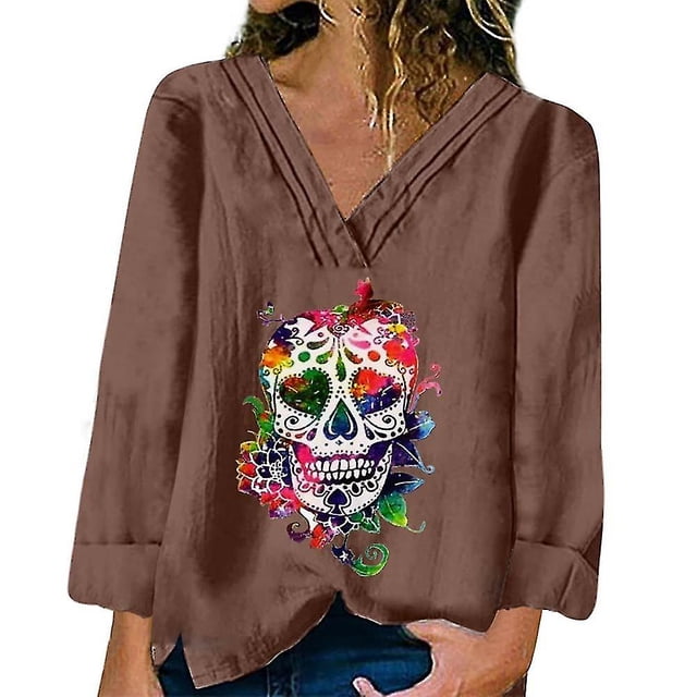 Camiseta Holgada YONGSHENG de Manga Larga con Estampado de Calavera para Mujer Cuello en V Halloween