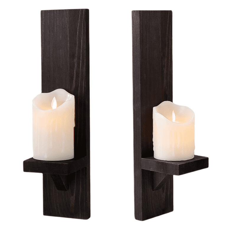 Set of 2 Wooden Wall Black Sconce Candle Holder for Pillar & LED Candles, Modern Wall-Mount Candleholders