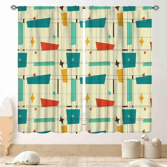 Geometric Curtains, Pastel Mid Century Modern Abstract Geo Print Patterned Retro Style Teal Turquoise Window Drapery Treatments Bedroom Living Room Kitchen Bathroom 2 Panel, 84"x63" Inch