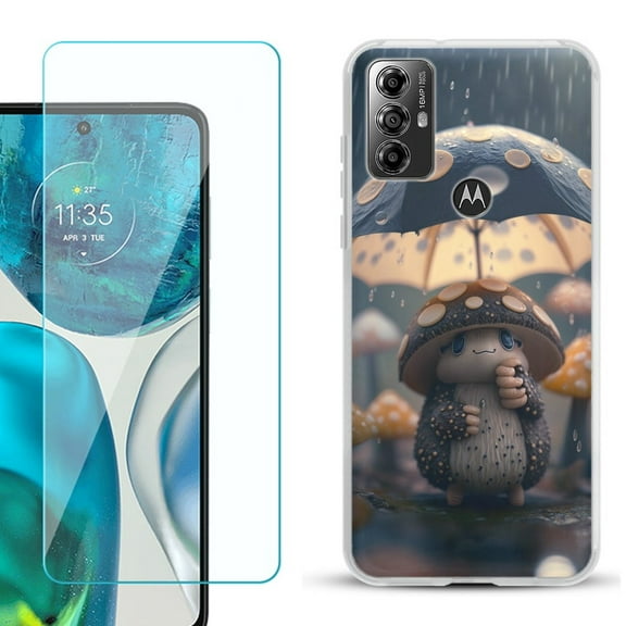 OneToughShield ® for Motorola Moto G Play 2023 Shockproof Fashion Phone Case, with Tempered Glass Screen Protector - Frog n Mushroom