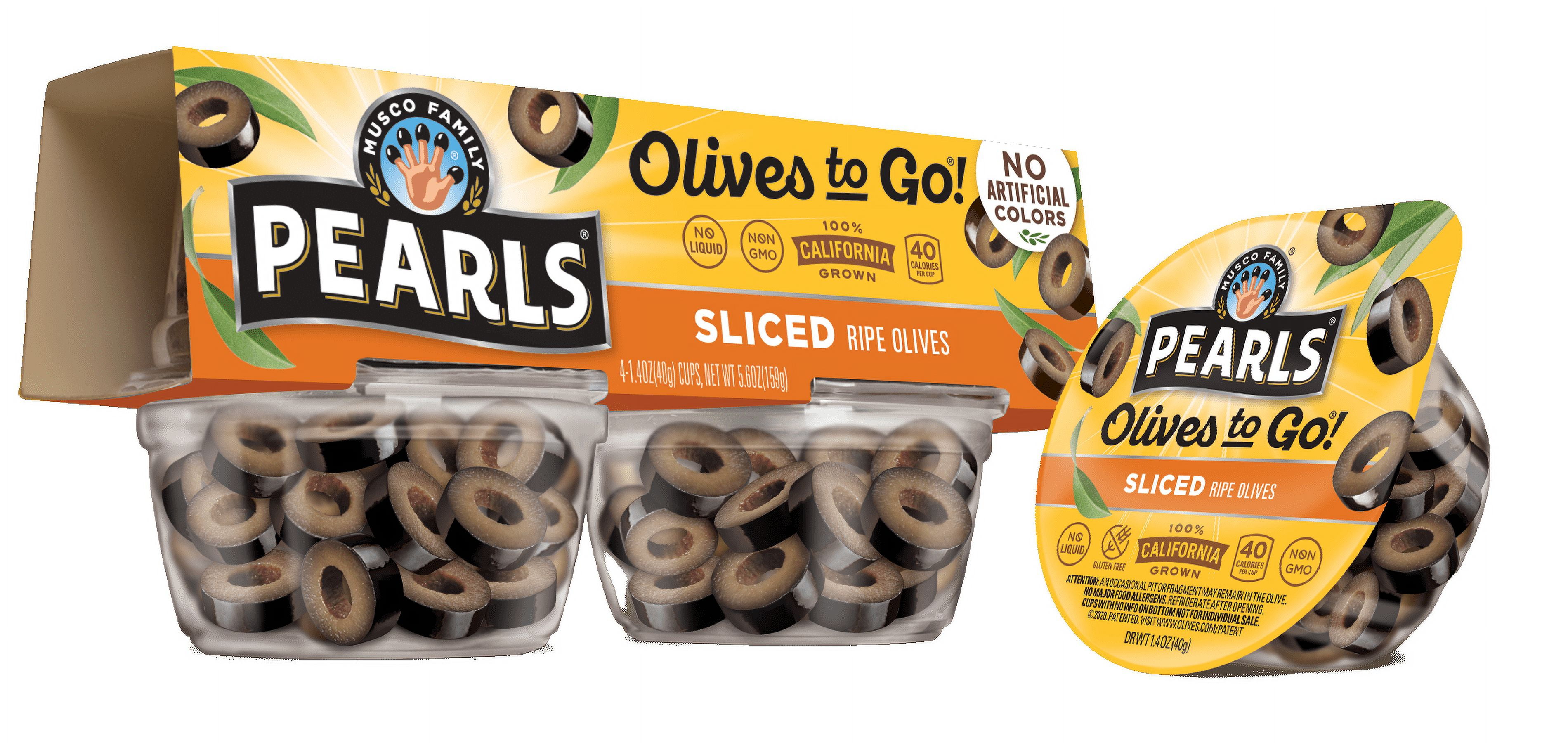 (3 pack) Pearls Sliced Black Ripe Olives 4-Pack, 1.4 oz. Cup. No Artificial Colors. Major Allergens Not Contained.