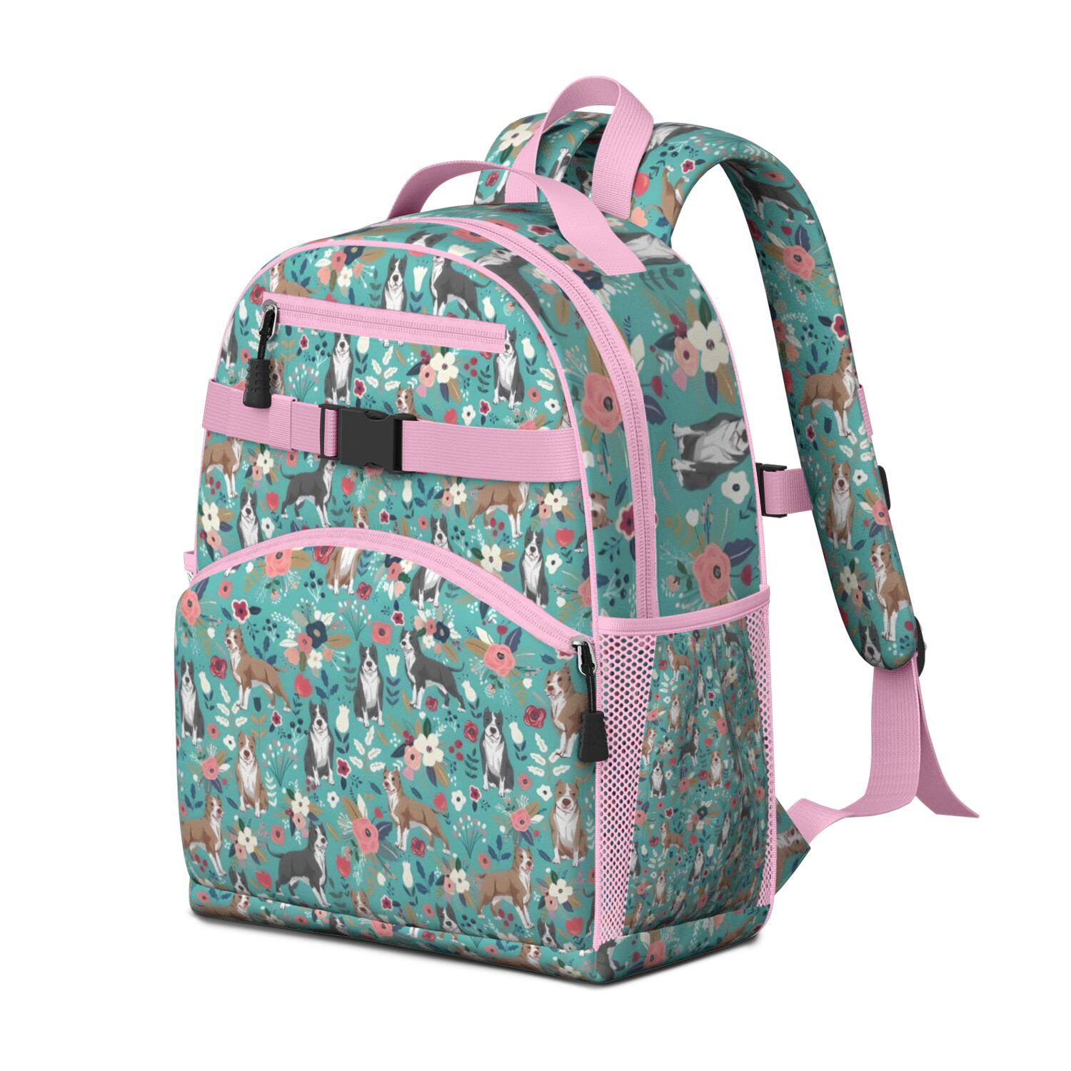 Pitbull Dog and Flower Floral Backpack for School,Cute School Bag,Schoolbag with Adjustable Shoulder Straps & Padded Back,15.25"x11.5"x5.25"