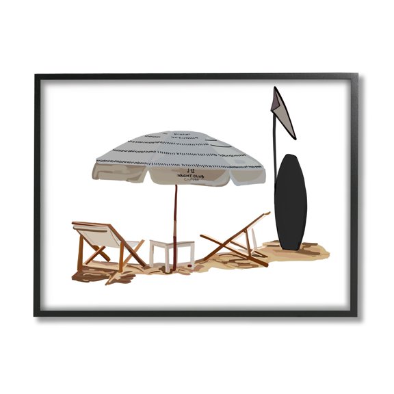 Stupell Industries Minimal Beach Umbrella Scene Nature Painting Black Framed Art Print Wall Art, 30 x 24