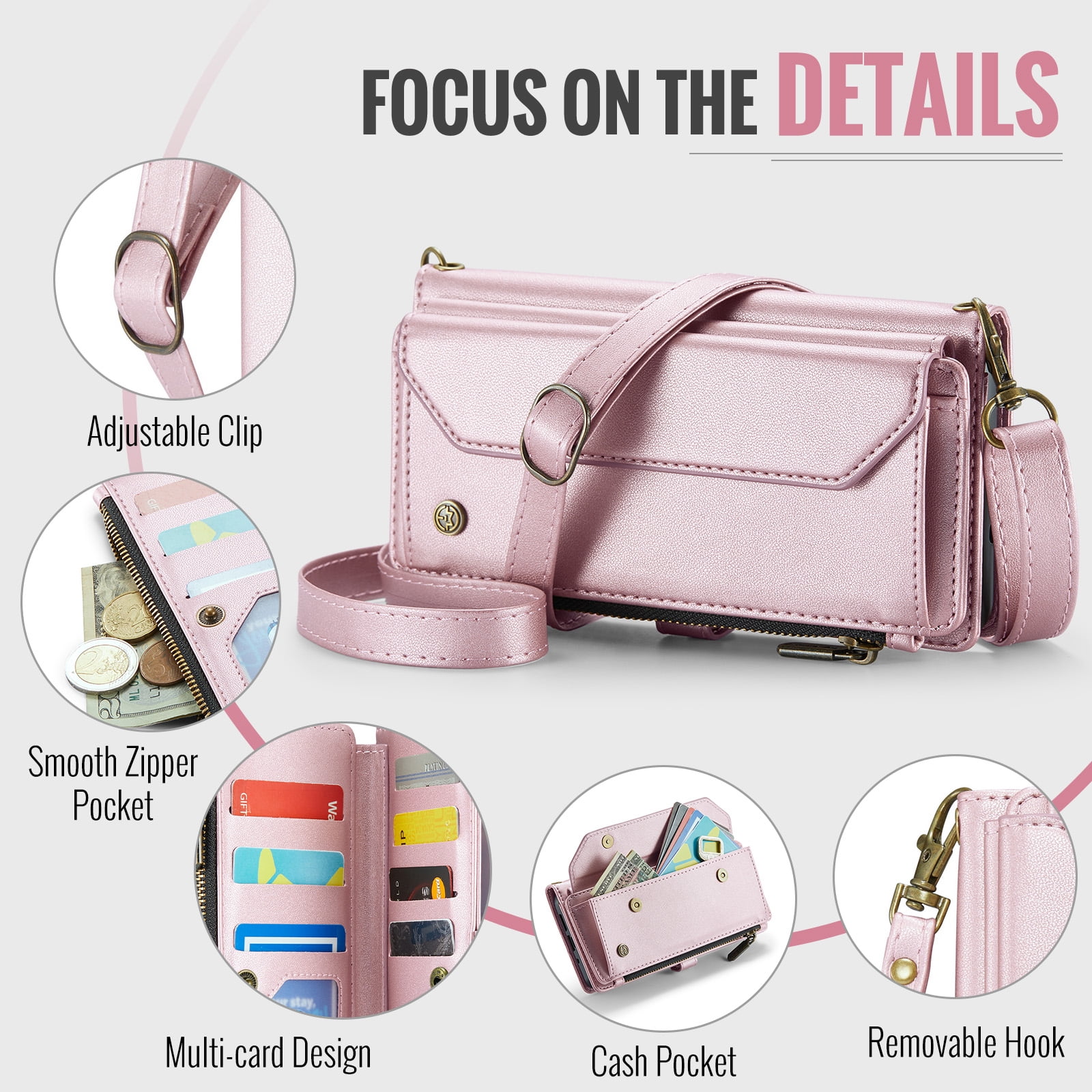 for Google Pixel 7a Full Body Protection Wallet Folio Flip Case, Shoulder Strap & Wristlet Card Slots Zipper Pocket RFID Blocking Rugged Durable PU Leather Phone Case Cover, Pink
