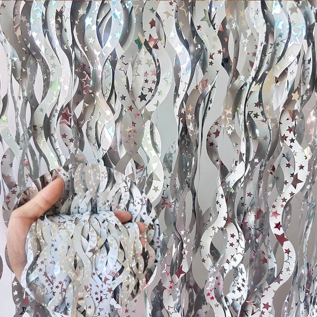 Nvzi Paquete de 5 cortinas de papel de aluminio plateado para fiestas, 3,3 pies x 6,6 pies, telón de fondo ondulado para fotomatón, cortinas de flecos de papel de aluminio , estilo estrella