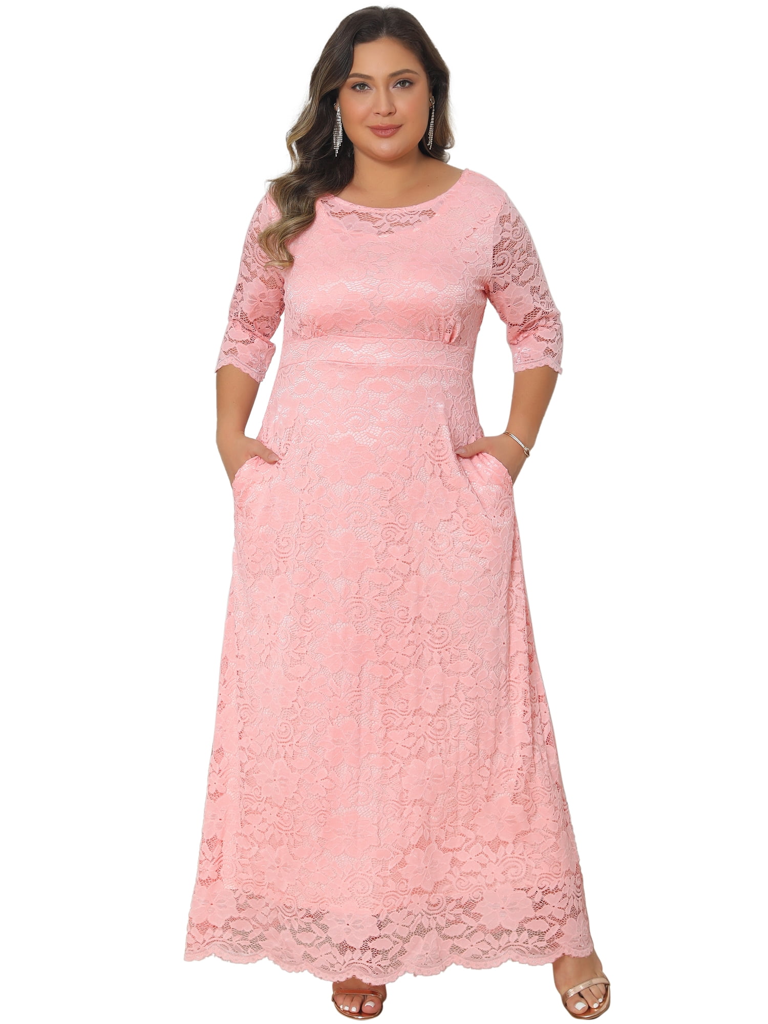 DARING DIVA Women's Plus Scoop Neck 3/4 Sleeves Floral Lace Dresses 1X Pink