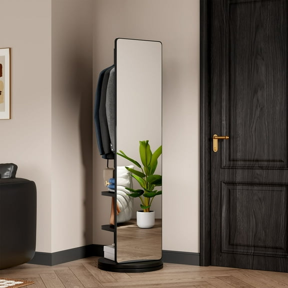 Solid Wooden Coat Rack, Free Standing Coat Stand with Full Length mirror, Hall Coat Tree with Hooks and Storage Shelf for Coats, Hats, Bags, for Entryway, Hallway, Bedroom