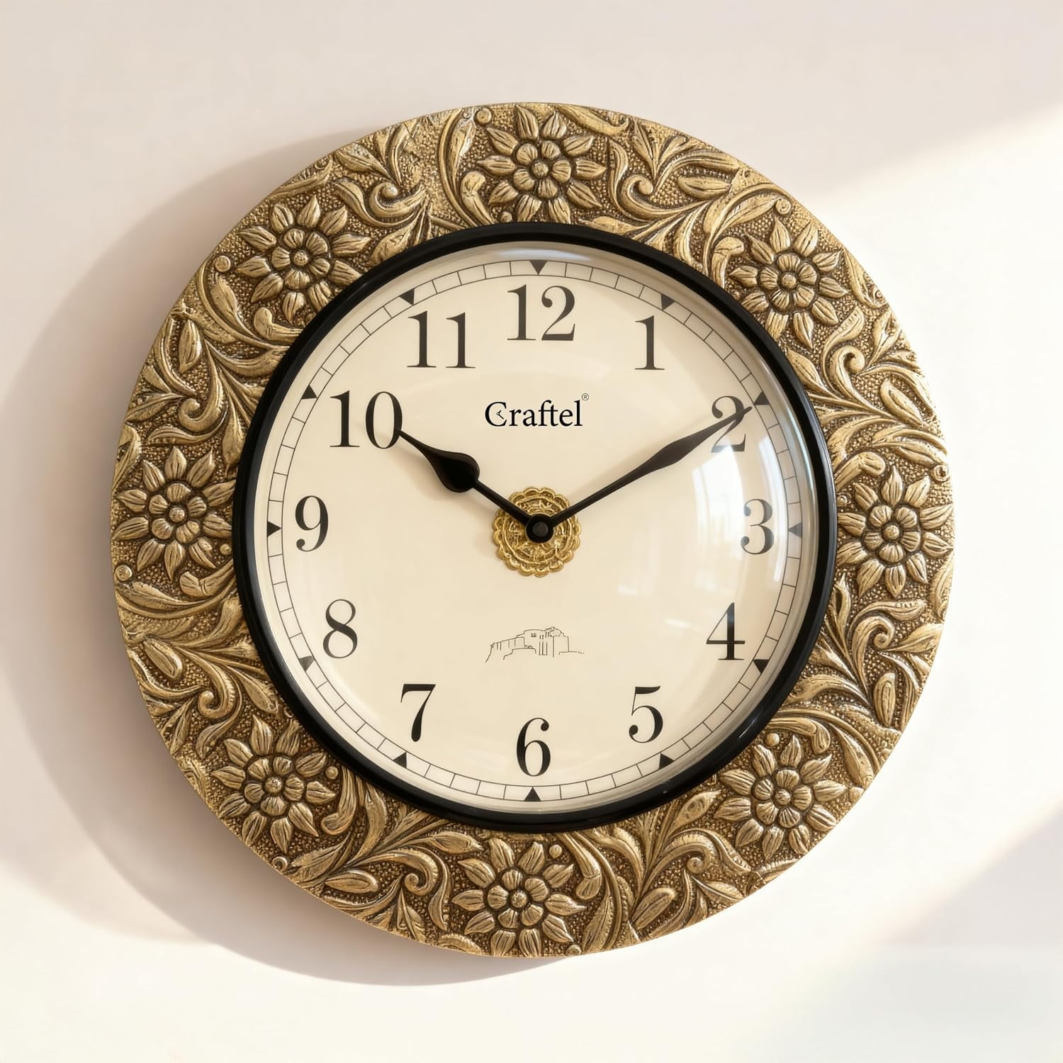 Antique Brass Embossed Wall Clock For Home, Premium Aluminum Dial, Gold - 12 Inch | Vintage Floral Designs | Decorative Clock For Living Room & Office, Bedroom, Hallways, Guestroom
