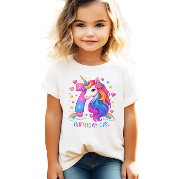 7th Birthday Unicorn Shirt for Girls Rainbow Horse Party Theme Seven Year Old Graphic Tee Natural Shirt Youth Medium