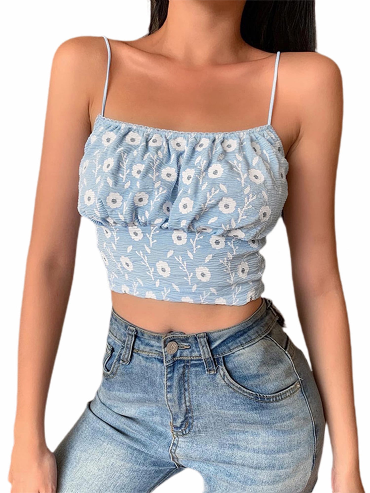 Womens Cami Summer Floral Printed Strappy Sleeveless Low Back Bralet Cropped Top 