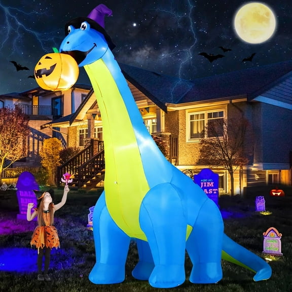 COMIN Halloween Inflatables 10 FT Tall Dinosaurs Eating Pumpkin Blow Up Yard Decoration with Built-in LED for Yard Garden Party Lawn