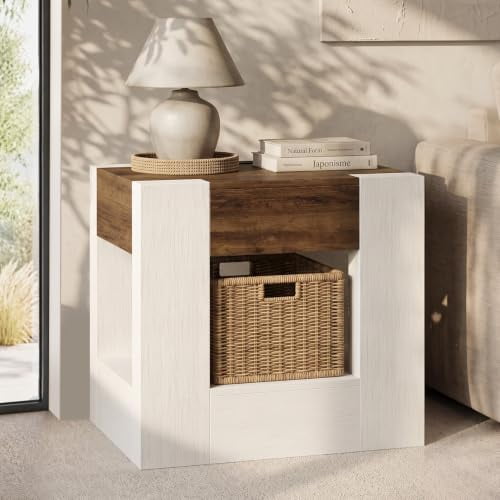 24" Nightstands with Charging Station/Side Drawer, White | Rustic End Table with Open Shelf and Sliding Drawer, Side Table for Living Room and Bedroom, Thick Wood Design