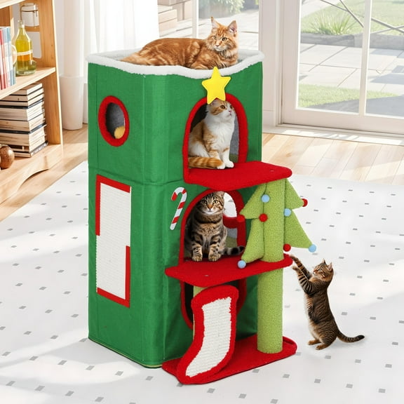 Uforic 3-Level Christmas Cat House, Indoor Cat Play House with Scratching Posts & Hideaway Cave& Hanging Plush Balls, Green