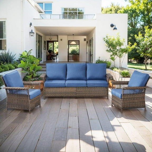 POCASSY 5 - Person Outdoor Furniture Set with 3-Seater Sofa and Wicker Chair for Deck Backyard Garden - Blue