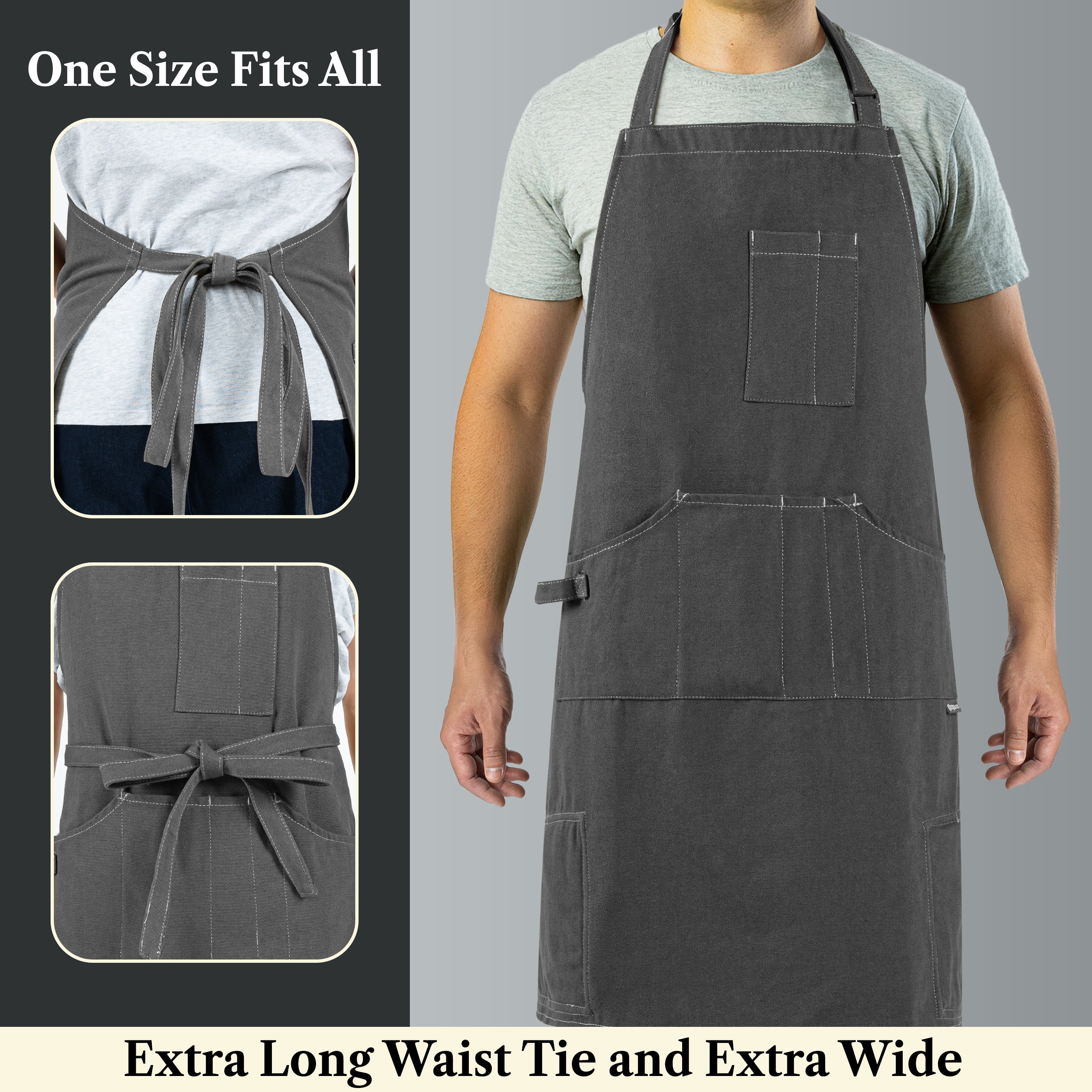OPUX Chef Apron for Men, Canvas Apron with Pockets for Women, Large BBQ Apron for Kitchen Grilling Baking, Heavy Duty Work Apron with Adjustable Neck Strap for Barber Gardening, Grey