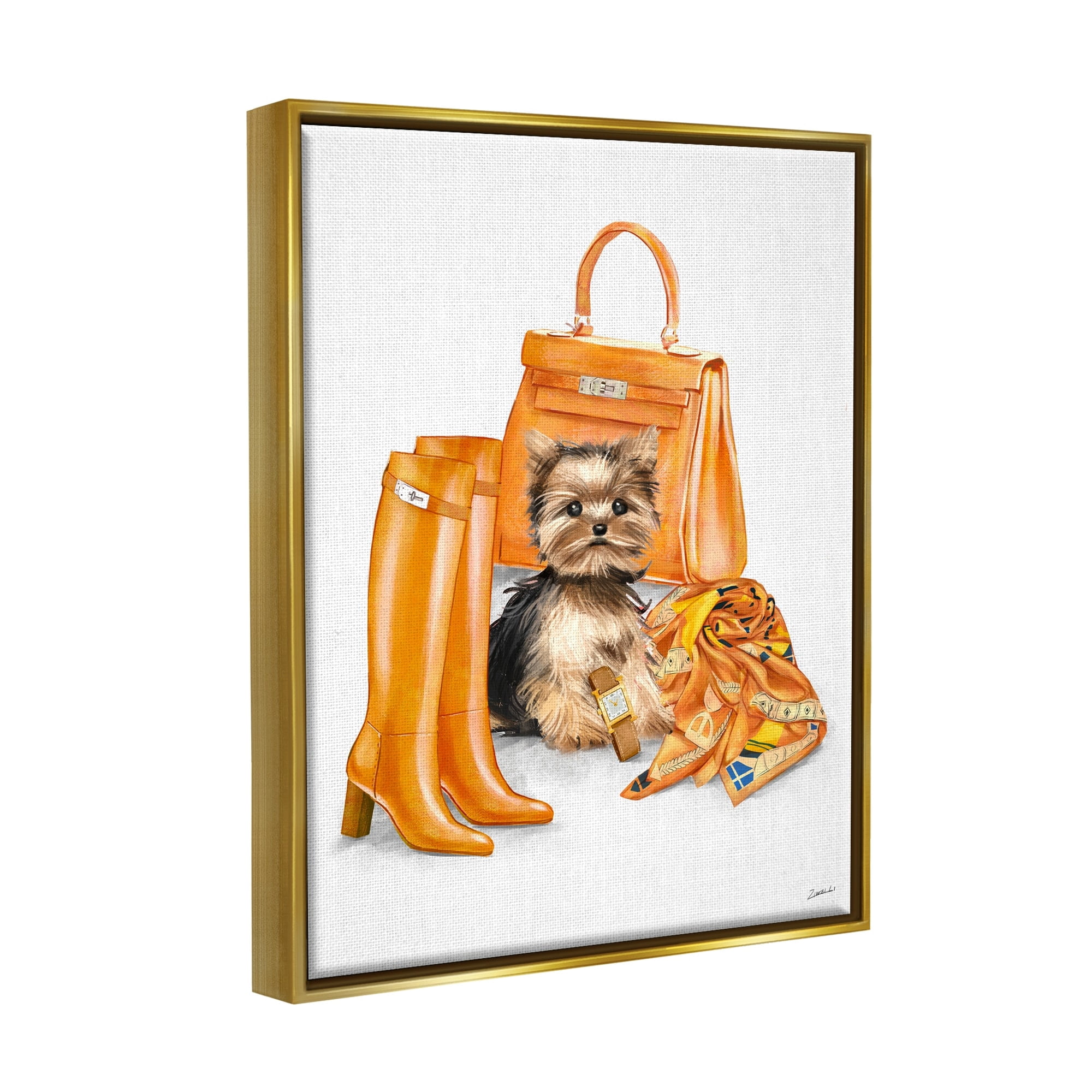 Stupell Industries Orange Yorkie Puppy Dog Fashion Purse Accessories Metallic Gold Framed Floating Canvas Wall Art, 16x20, by Ziwei Li