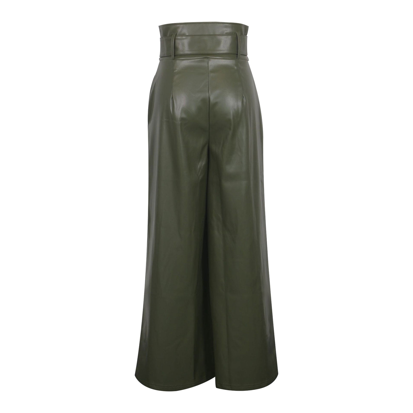 YueHuiYing Women's Fashion Solid-Color Casual High-Waisted Belted Pocket Pleated Flare Pants Faux Leather Pants