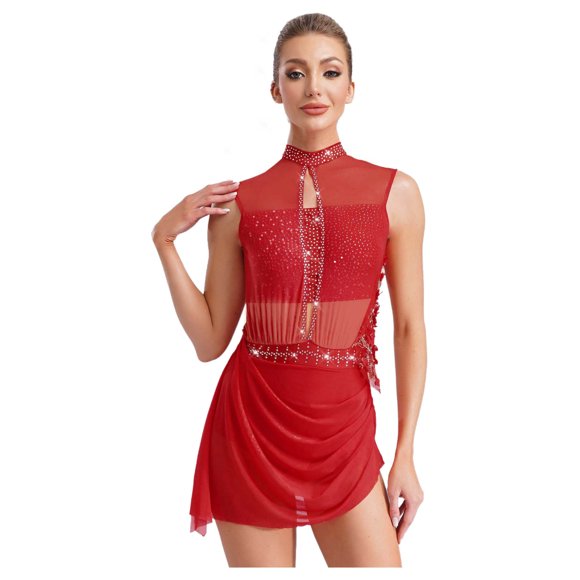 YiZYiF Womens Rhinestones Figure Skating Dress Sheer Mesh Lyrical Dance Costume Red S