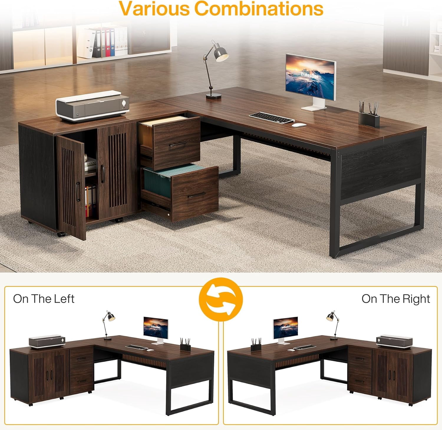 Finmind 63-Inch L-Shaped Desk, Modern Executive Desk with Mobile File Cabinet,Dark Walnut & Black
