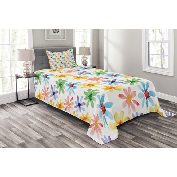 Ambesonne Floral Quilted Bedspread Set 2 Pcs, Watercolor Flowers Art, Twin Size, Multicolor