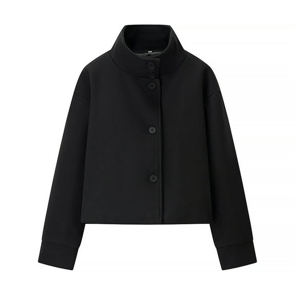 WTOBBY Women's Faux Suede Button Jacket with Stand Collar and Single Breasted Front, Long Sleeve Wool Blend Coat,Black L