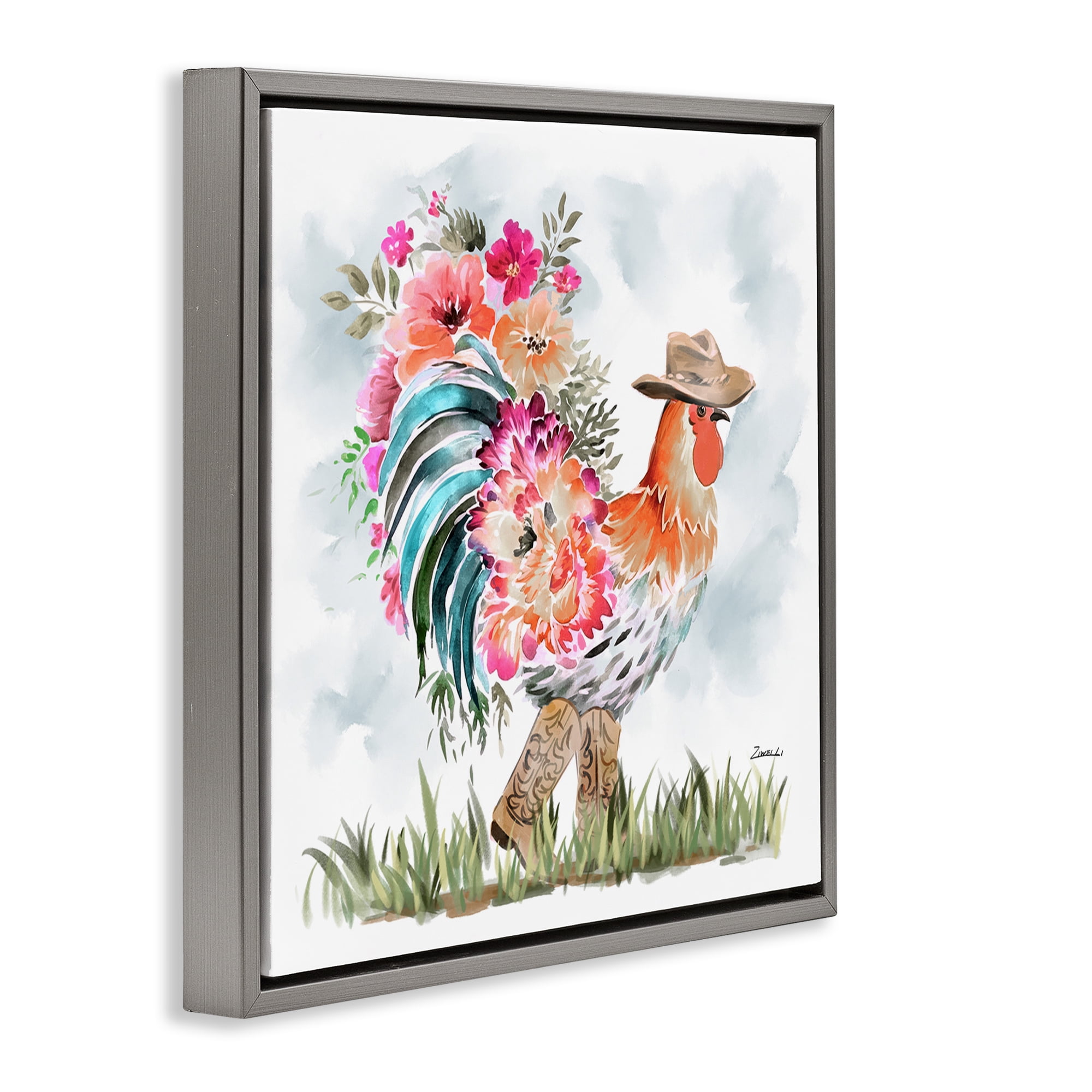 Stupell Industries Blooming Cowgirl Hen Animals & Insects Painting Gray Floater Framed Canvas Art Print Wall Art, 25 x 25