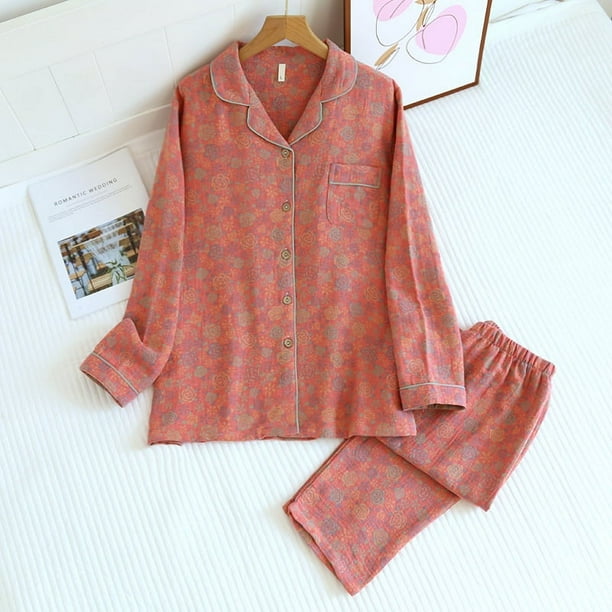 Pijama de algodón para mujer, primavera y otoño, solapa, flor rosa, doble capa, hilo de algodón, manga larga, traje para el hogar