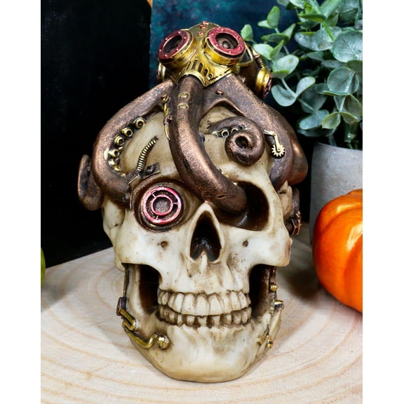Ebros Sea Monster Golden Masked Octopus Wrapped Around Cyborg Robot Skull 5.25"H