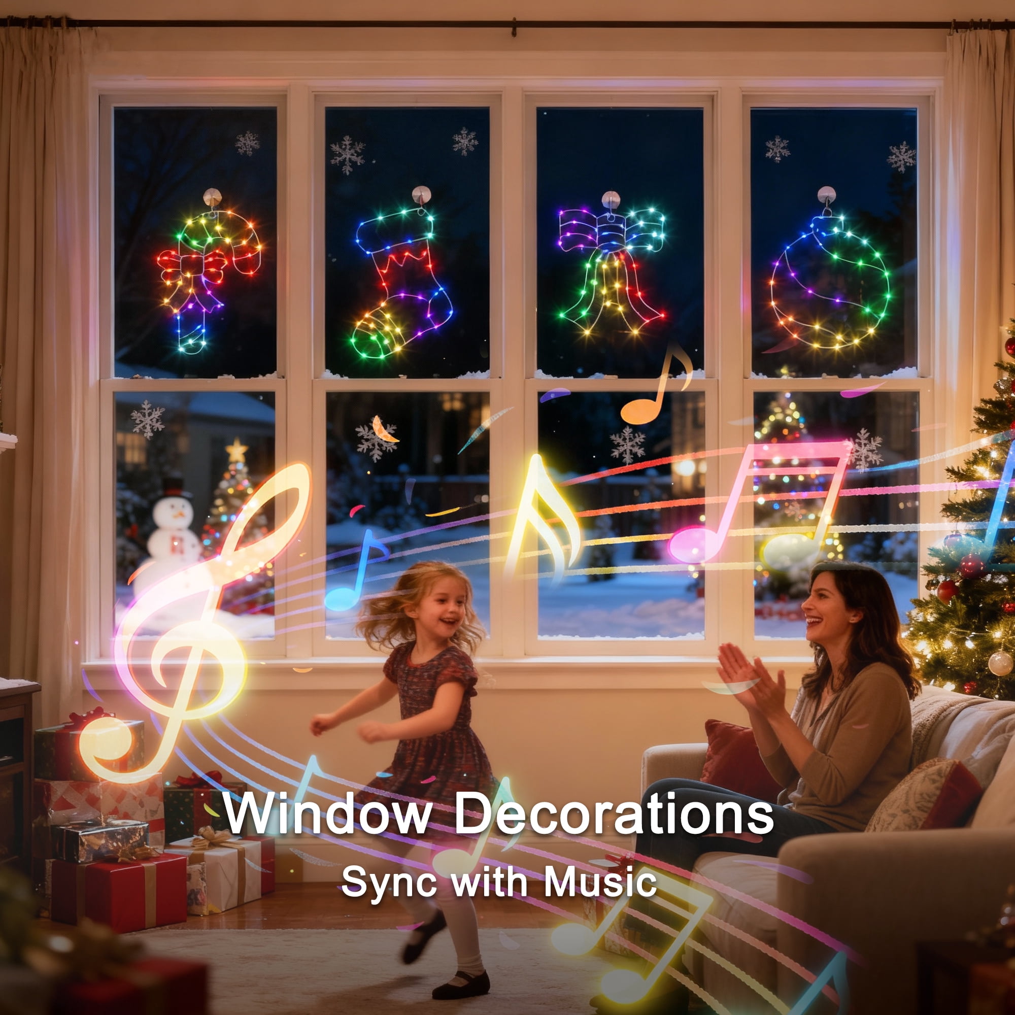 Beatineon Christmas Window Silhouette Lights, APP Controlled RGB Indoor Motif Lights with 4 Festive Designs(Ball,Socks,Crane,Bow), Remote, Timer & Music Sync for Holiday Home Decor