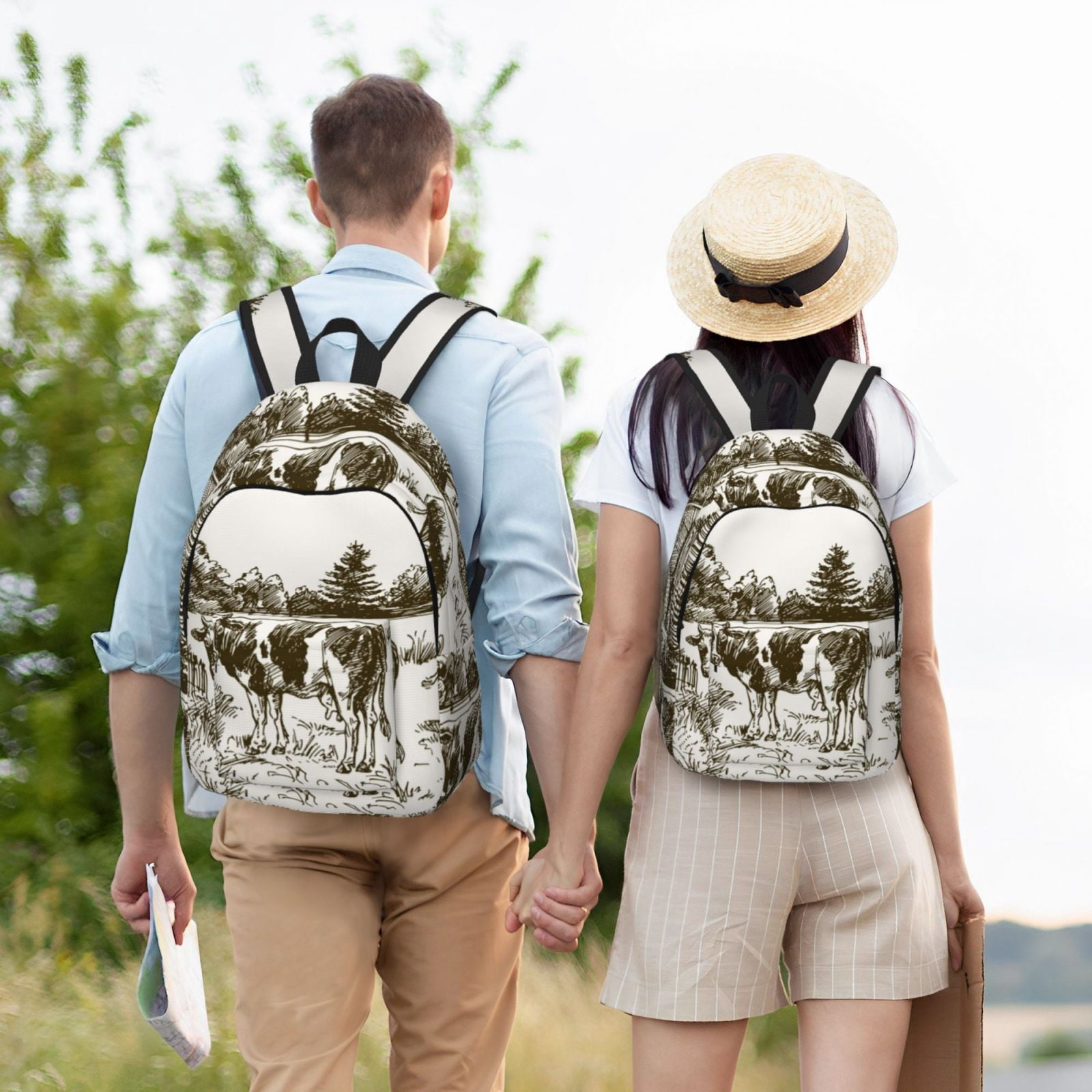 Picia Cows Grazing On The Meadow Printed Canvas Daypack - Stylish and Durable Vintage Compact Backpack - Class, Work, Travel, or Laptop Bookbag,Organized Compartments-Medium