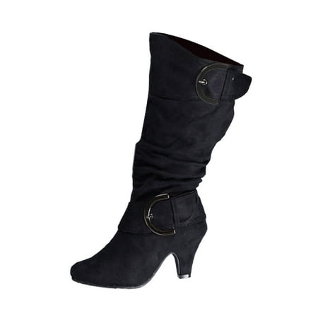 

Povozer Cowboy Cowgirl Boots for Women Wide Calf Western Pointed Toe Heel Suede Embroidered Mid Calf Boot(Black 7)