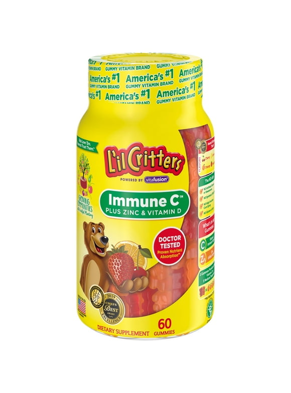 Lil Critters Immune C Daily Gummy Supplement Vitamin for Kids, for Vitamin C, D and Zinc for Immune Support, Orange, Lemon and Cherry Flavors, 60 Gummies