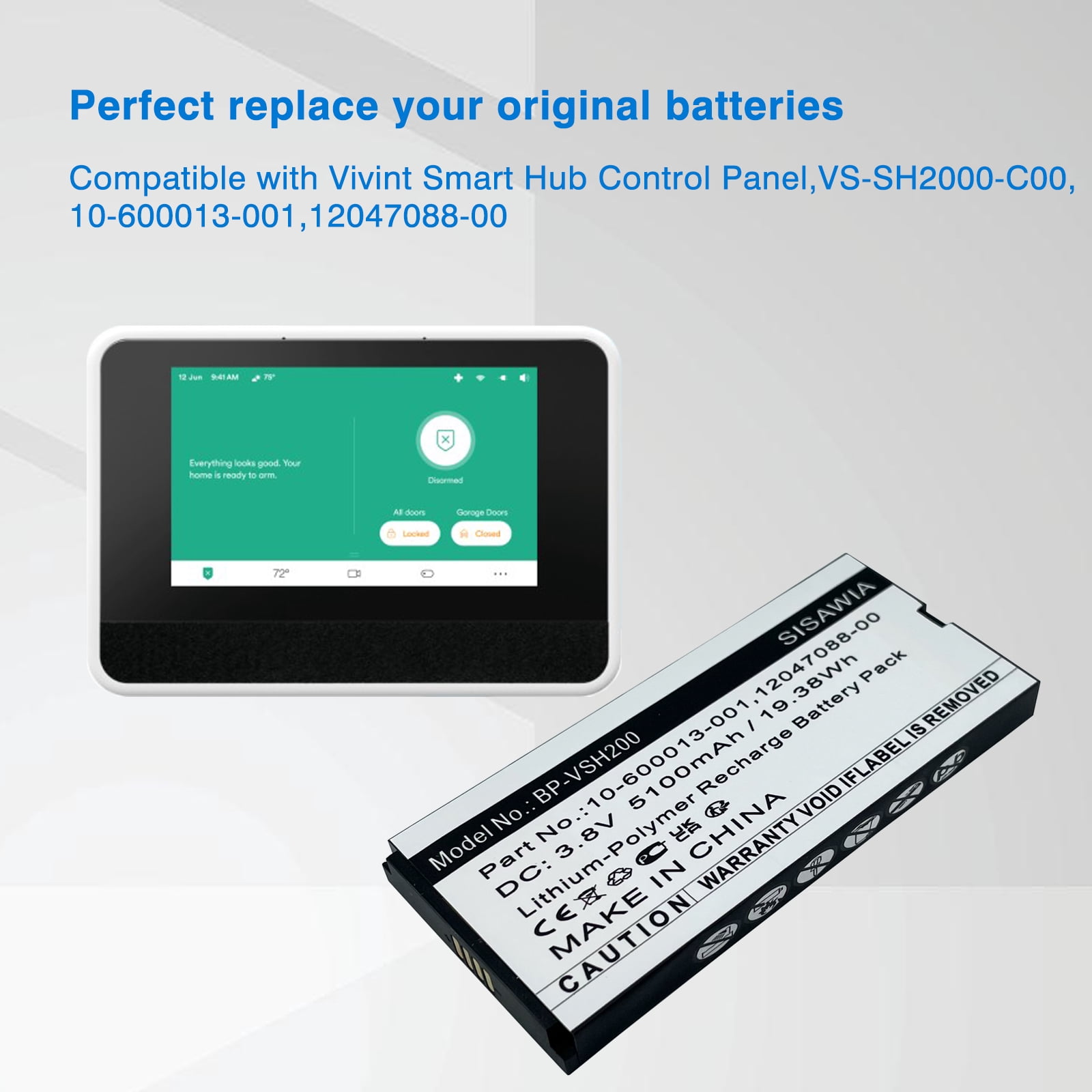 Replacement Battery for Vivint Smart Hub Control Panel,VS-SH2000-C00,10-600013-001,12047088-00,5100mAh