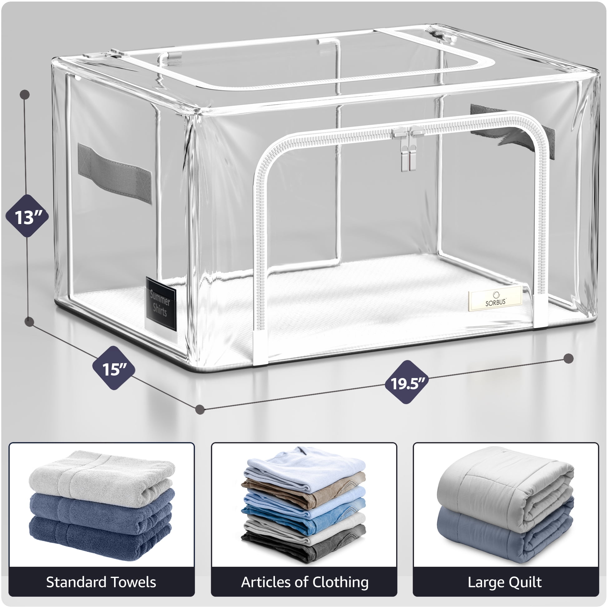 Sorbus Medium Stackable Storage Bins, 2-Pack, Metal Frame, Clear Collapsible Design, Zipper Closure