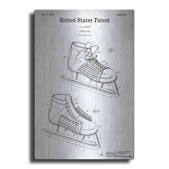 Luxe Metal Art 'Hockey Shoe, 1935 Blueprint Patent White' Acrylic Glass Wall Art, 12"x16"