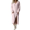 thumbnail image 2 of BRGZLK Winter Sweater Dresses for Women Trendy VNeck Solid Color Warm Cozy Casual Long Dress Button Down Side Slit Maxi Dress Pink M, 2 of 8