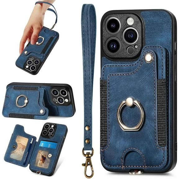 for iPhone 14 Pro Case Card Holder Wallet,Ring Holder Stand,RFID-Blocking,Wrist Strap,Camera Protector,Leather Shockproof Protective  14 Pro Phone Flip Cases Cover 2023 (Blue)