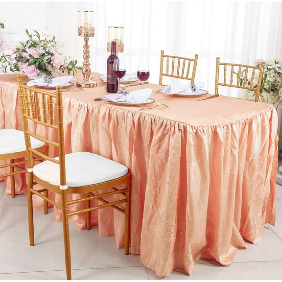Wedding Linens Inc. 8' (96"x30") Rectangular Ruffled Fitted Crushed Crinkle Taffeta Tablecloth With Skirt - Apricot / Peach