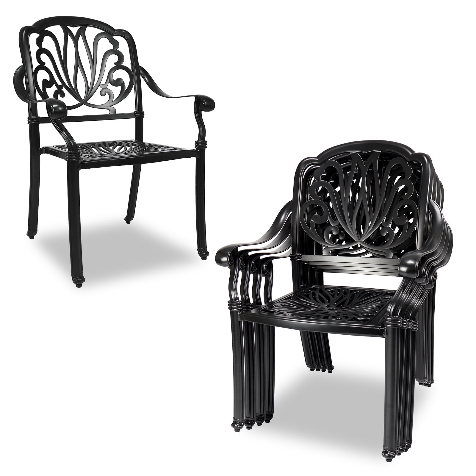 PATIO-IN Cast Aluminum Patio Chairs Set of 4,Metal Outdoor Chairs,Stackable Dining Chairs with Armrest for Garden, Backyard, Poolside,Balcony, Black (4 Pack)