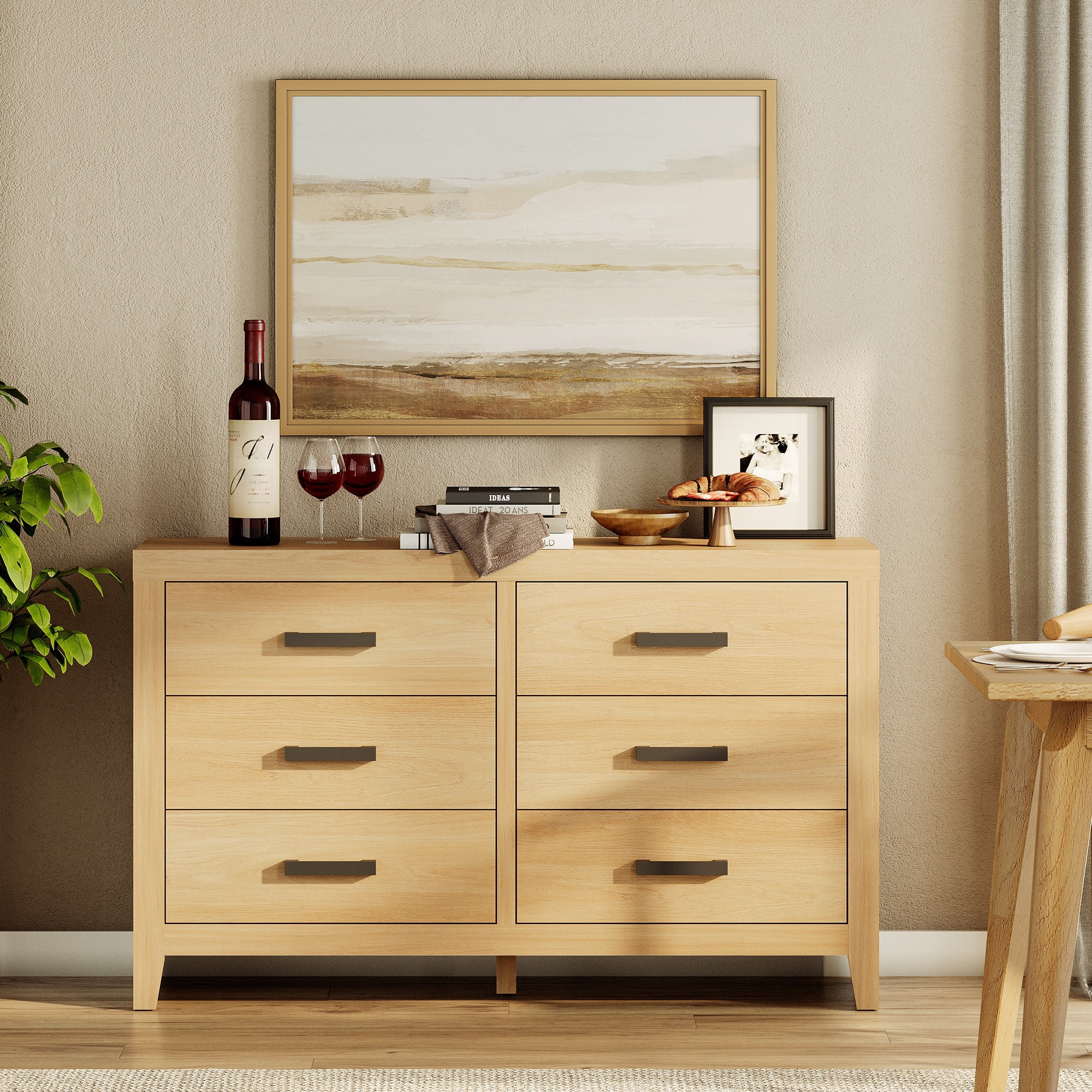 WAMPAT Farmhouse Dresser for Bedroom, 53 Inch Farmhouse Wood Storage Cabinet with 6 Drawers, Rustic Chest of Drawers for Living Room & Hallway