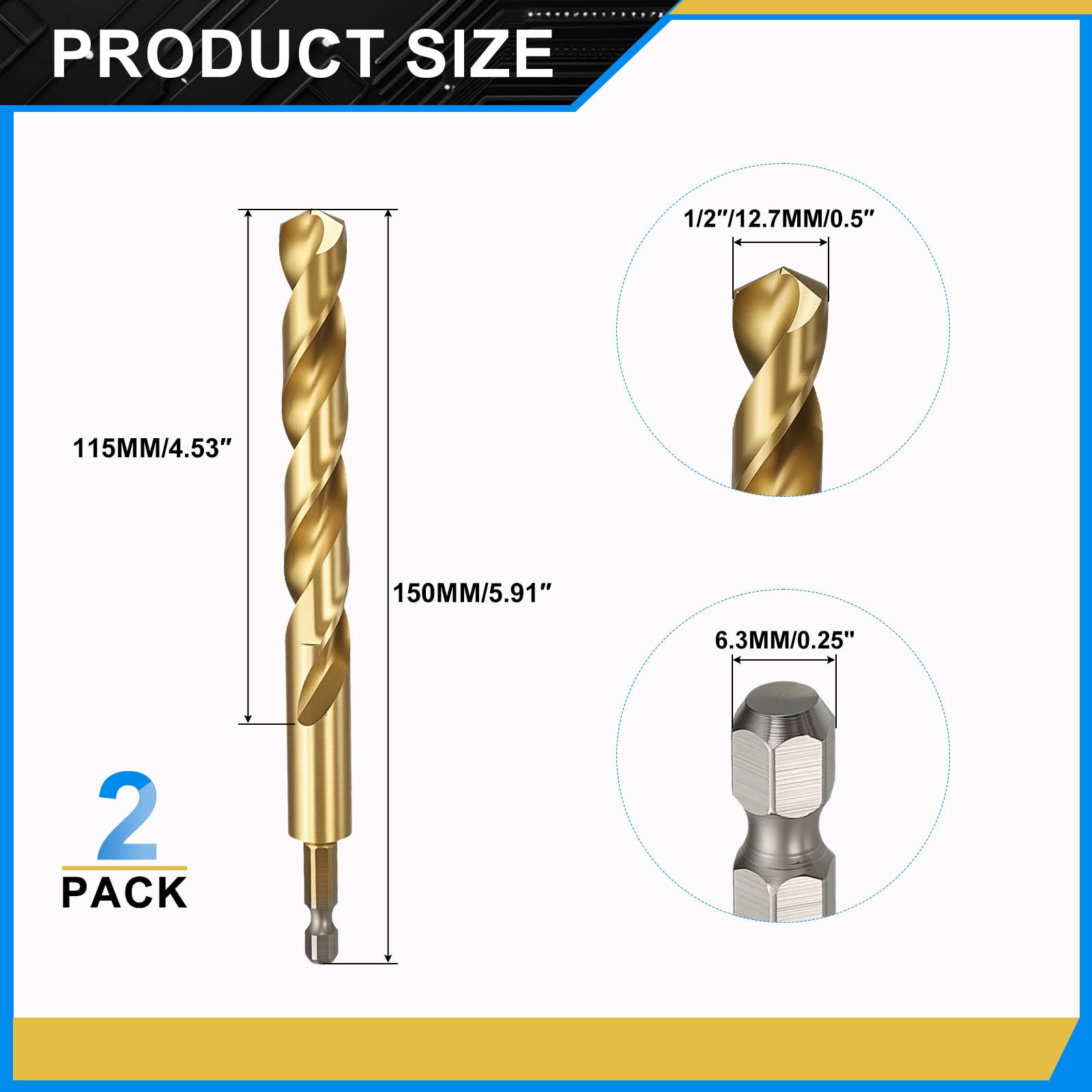 Uxcell 1/2" Hex Shank Drill Bit, M35 Cobalt 5% High-Speed Steel Bits Quick Change Design for Impact Driver 135° Titanium for Stainless Steel Hard Metal - 2 Pack