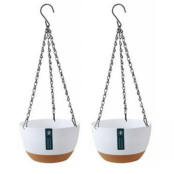 2 Pack Hanging Planters Set, 8 Inch Indoor Outdoor Hanging Plant Pot Basket, Hanging Flower Pot with Drainage Hole with Hooks for Garden Home (White)