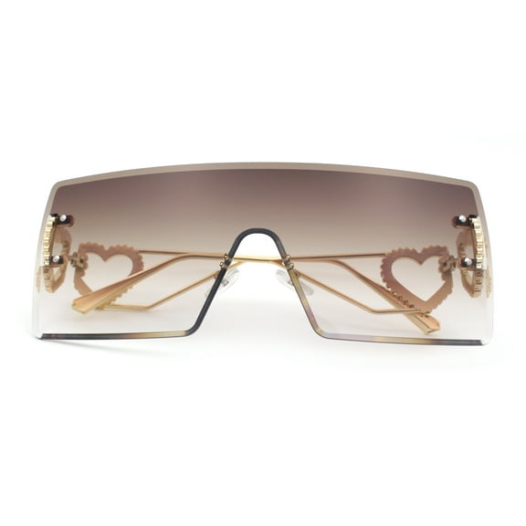 Womens Oversized Rimless Shield Luxury Heart Bling Jewel Hinge Sunglasses Gold - Brown