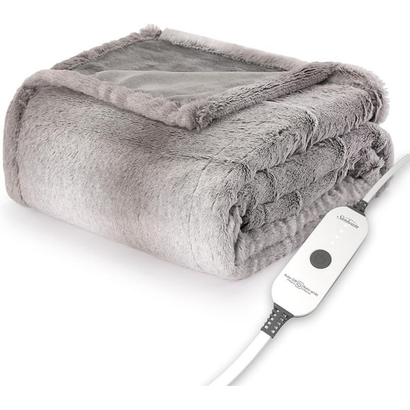 Sunbeam Electric Throw Royal Faux Fur Heated Blanket, 4 Heat Settings, 4-Hour Auto Shut-Off, Fast Heating, Rich and Ultra Silky, White/Grey Color, 50" x 60"